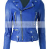 Hailey Baldwin Blue Leather Biker Jacket