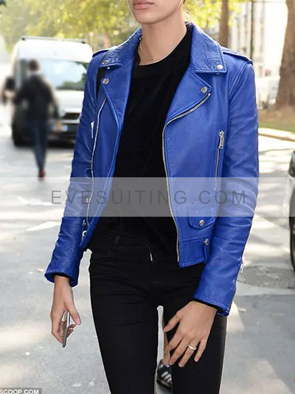 Model Hailey Baldwin Blue Motorcycle Leather Jacket 