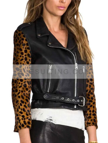 Pretty Little Liars Cheetah Sleeves Black Leather Jacket