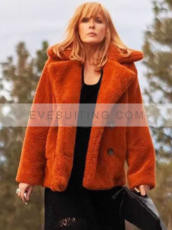 Kelly Reilly Yellowstone Beth Dutton Orange Fur Coat