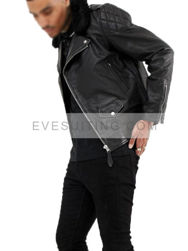 Biker Black Leather Jacket With Fur Collar 