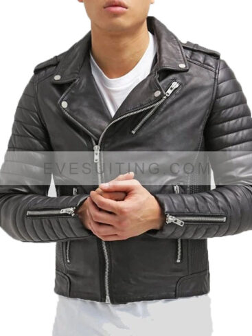 Mens Black Leather Padded Motorcycle Jacket