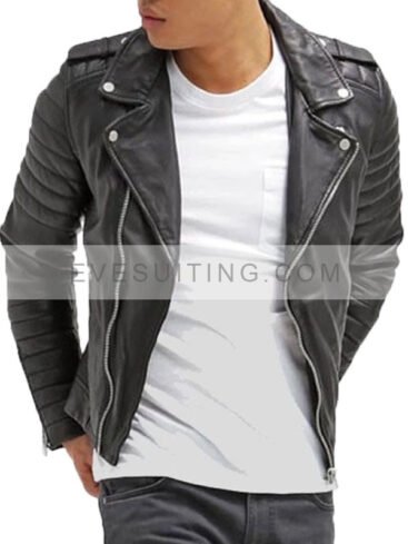 Black Leather Quilted Biker Jacket For Men's