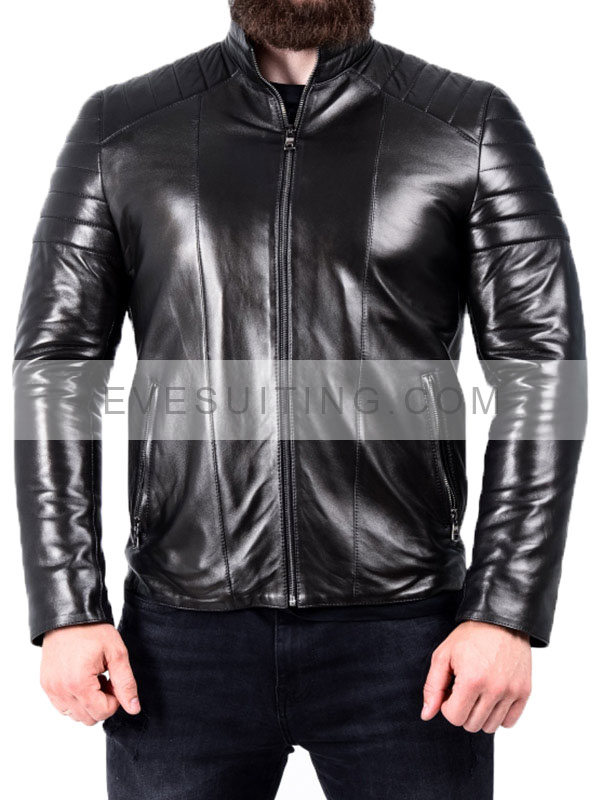 Black Padded Leather Biker Jacket