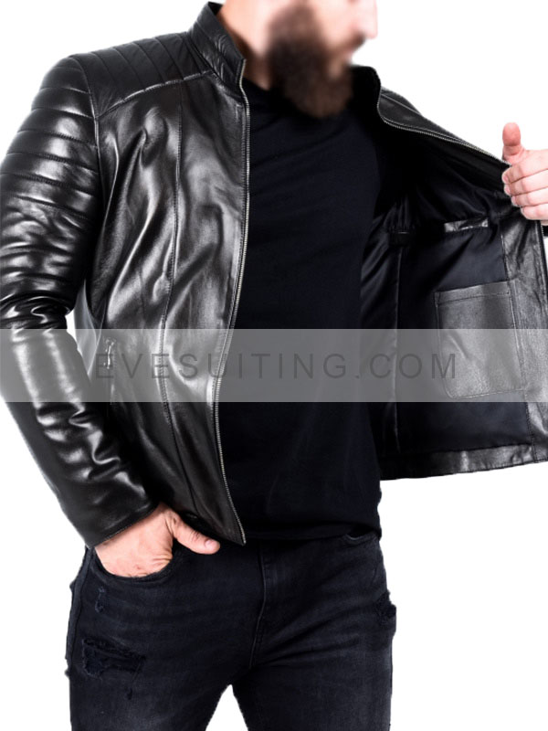 Black Padded Men's Leather Biker Jacket