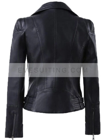 Black Zip Up Motorcycle Leather Jacket For Women's
