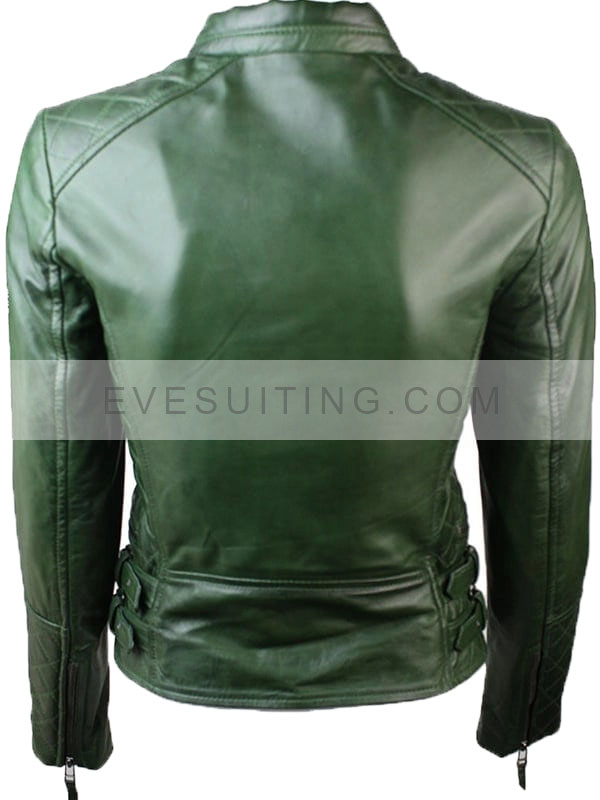 Diamond Quilted Green Leather Biker Jacket