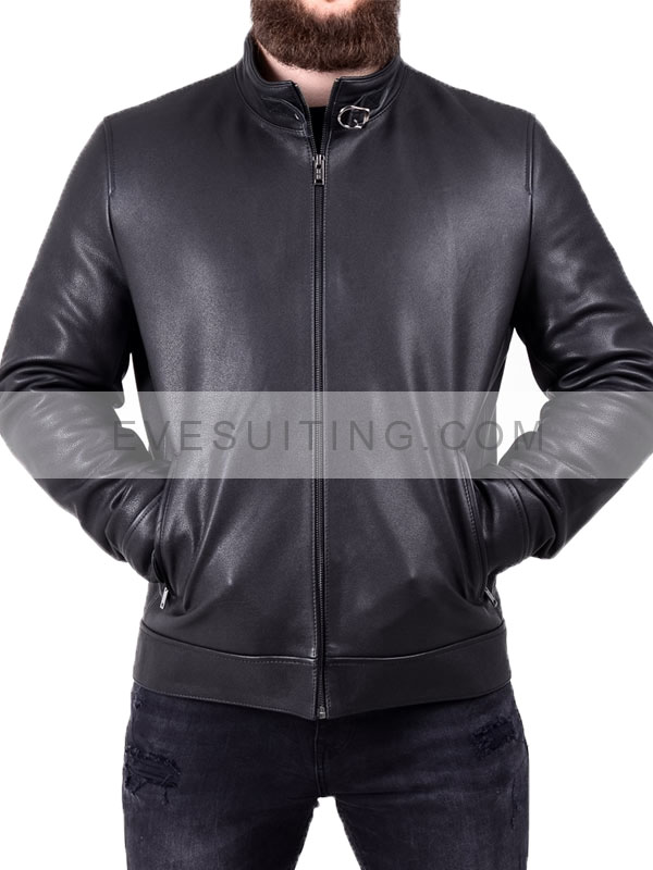 Genuine Black Leather Biker Jacket With Belted Collar