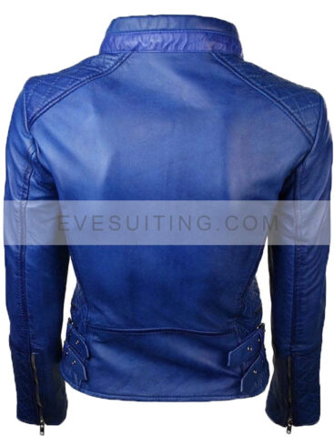 Quilted Blue Leather Biker Jacket