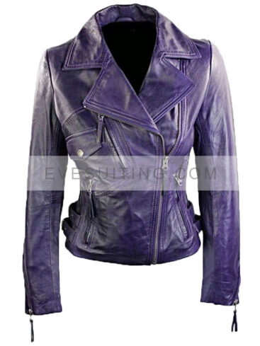 Short Fitted Purple Leather Biker Jacket