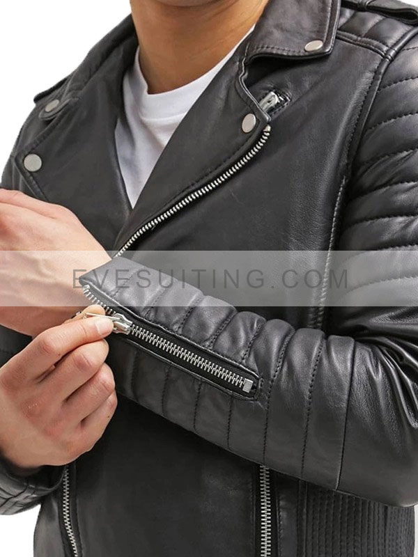 Slim Fit Black Leather Biker Jacket For Men's