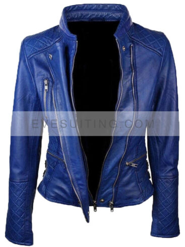 Slim Fit Diamond Quilted Blue Leather Biker Jacket