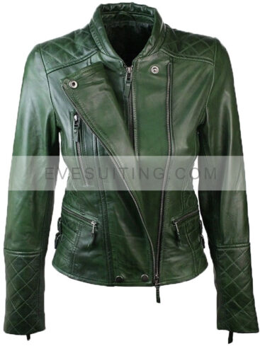 Slim Fit Diamond Quilted Green Leather Biker Jacket For Women's