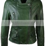 Womens Green Diamond Quilted Moto Leather Jacket