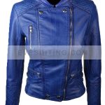 Slim Fit Quilted Leather Biker Blue Jacket