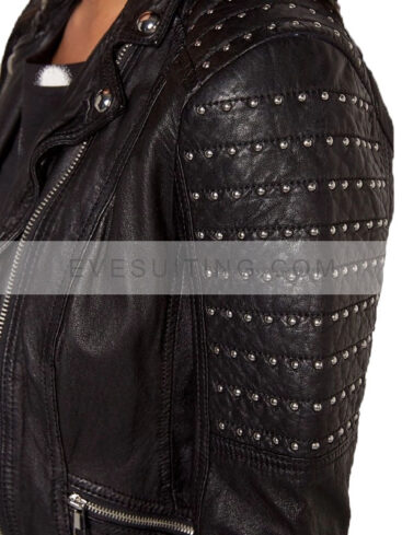 Slim Fit Studded Black Leather Biker Jacket For Women's