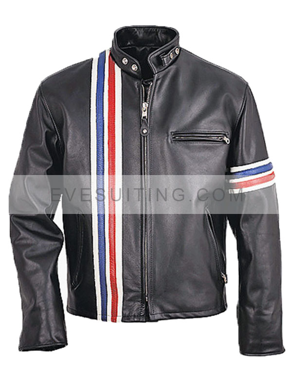 Striped Black Leather Jacket For men's