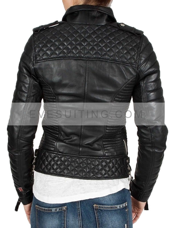 Biker Quilted Black Leather Jacket For Women's