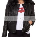 Black Removable Fur Collar Leather Motorcycle Jacket Womens