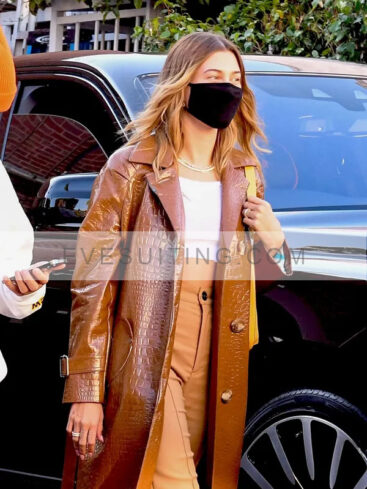 Hailey Bieber Leather Brown Coat
