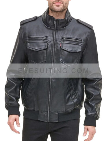 Mens Black Sheepskin Leather Bomber Jacket