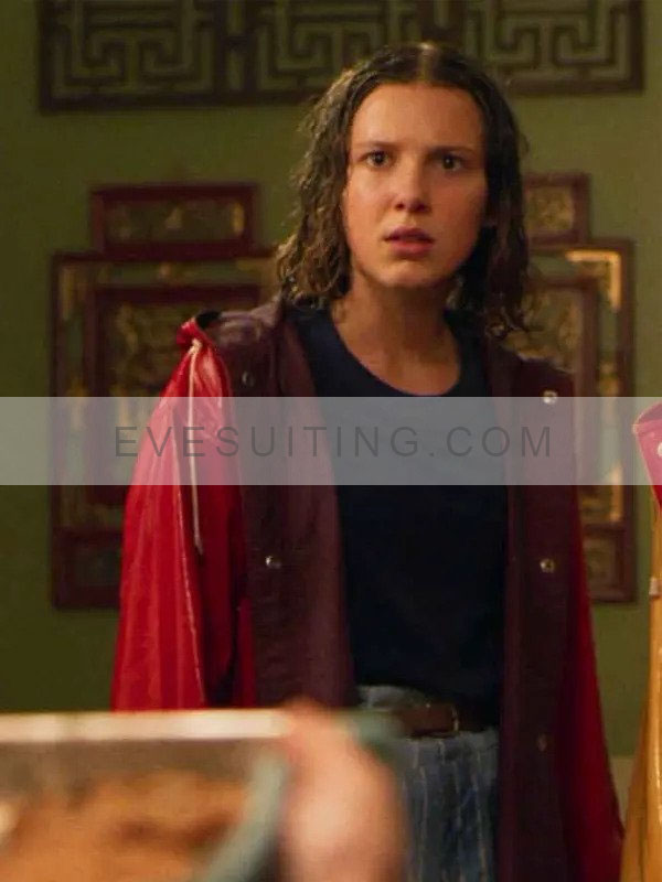 Millie Bobby Brown Stranger Things S04 Eleven Red Faux Leather Raincoat