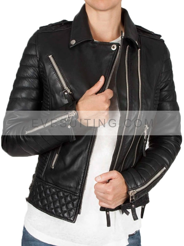 Quilted Leather Biker Jacket Black For Women's