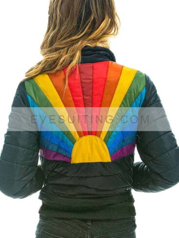 Rainbow Sunburst Bomber Puffer Jacket For Women's
