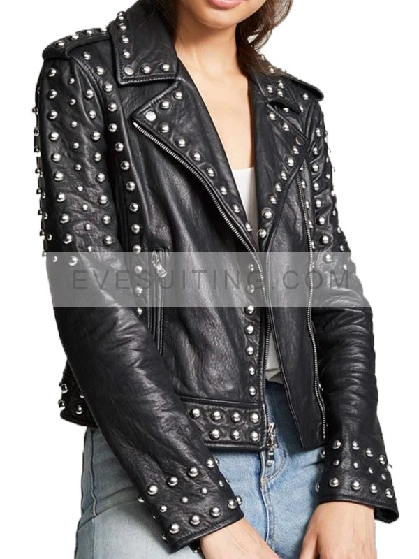 Studded Black Leather Jacket For Women's