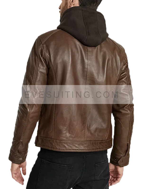 Brown Leather Hooded Jacket For Men's