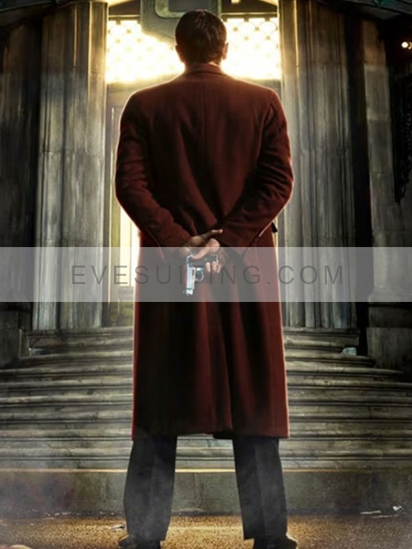 Colin Woodell The Continental 2023 Winston Scott Maroon Trench Coat