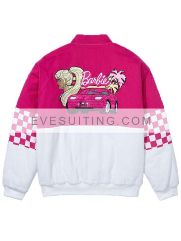 Barbie 2023 Pink And White Checkered Racing Bomber Jacket