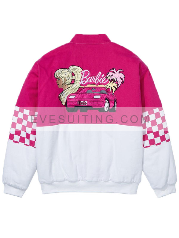 Barbie Pink And White Checkered Racing Bomber Jacket