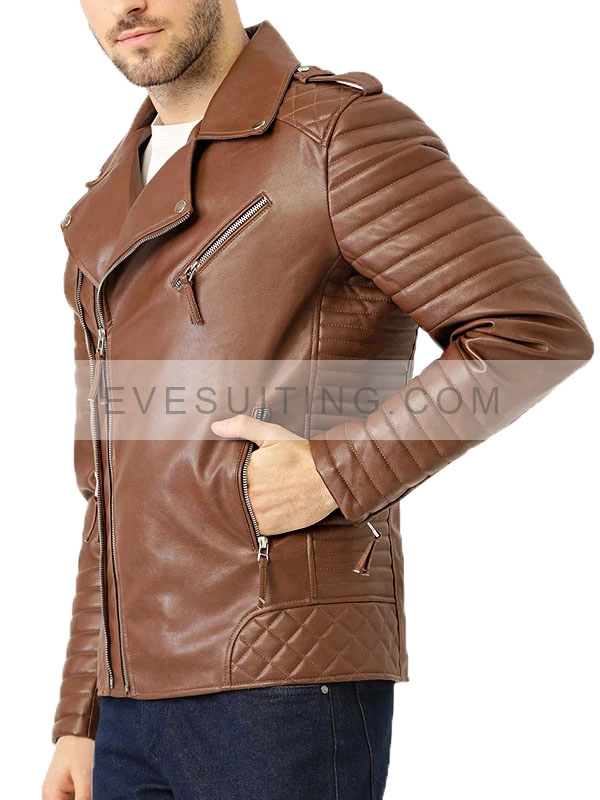 Men's Biker Asymmetric Brown Leather Jacket