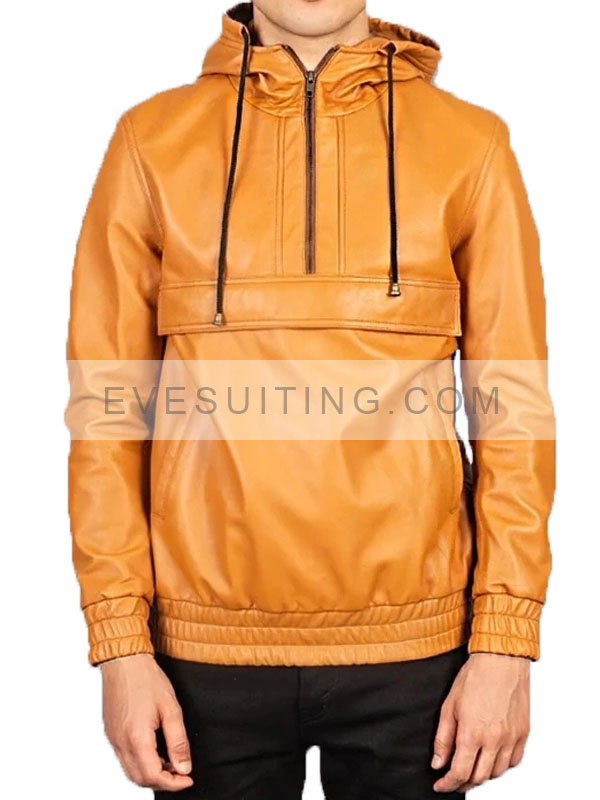 Men's Tan Brown Hooded Leather Jacket