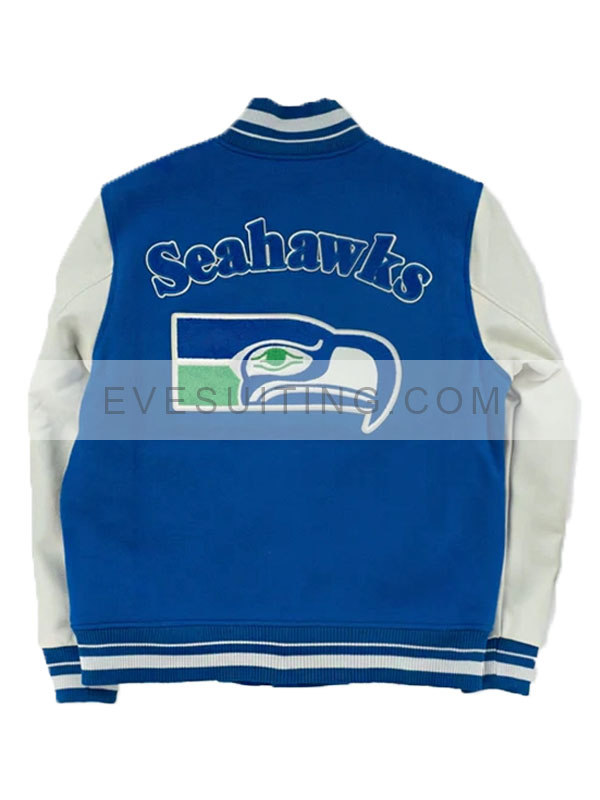 Seattle Seahawks Letterman Blue And White Wool Varsity Jacket