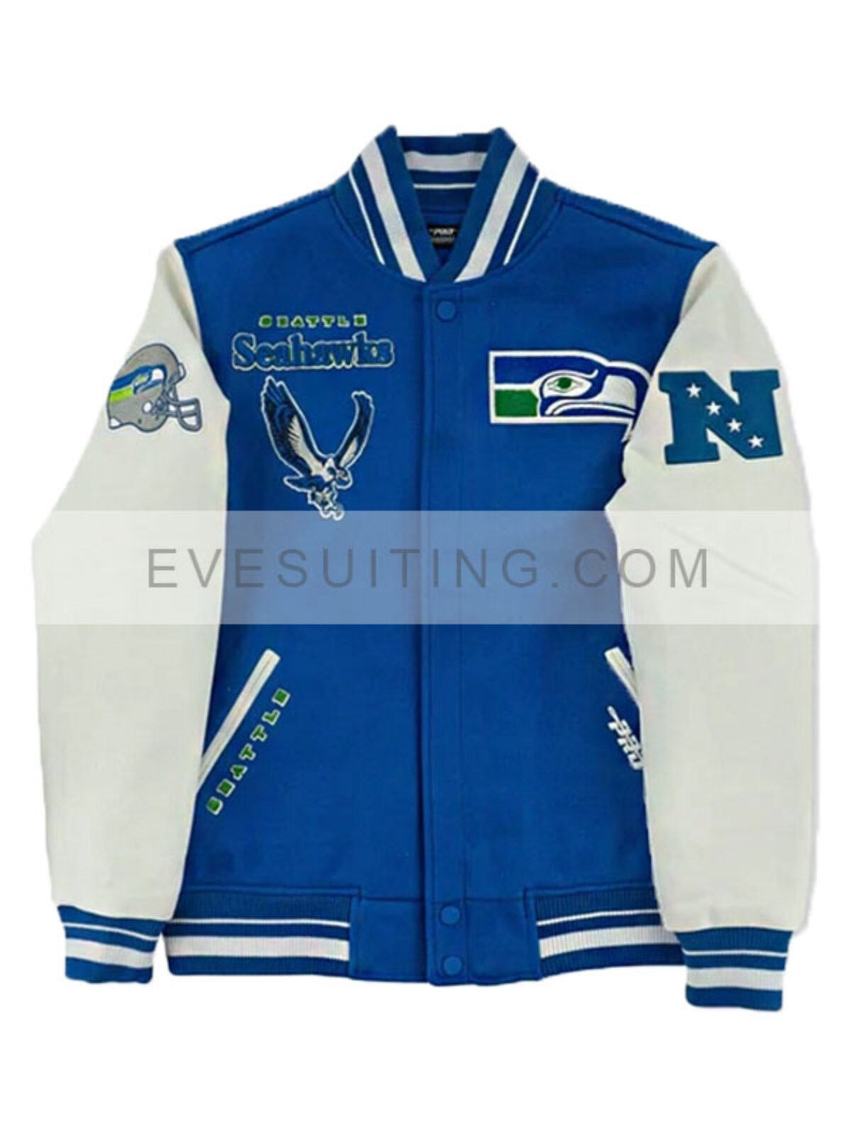 Wool/Leather Seattle Seahawks Varsity Blue and White Jacket