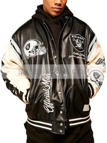 NFL Oversized Las Vegas Raiders Bomber Black And White Leather Jacket