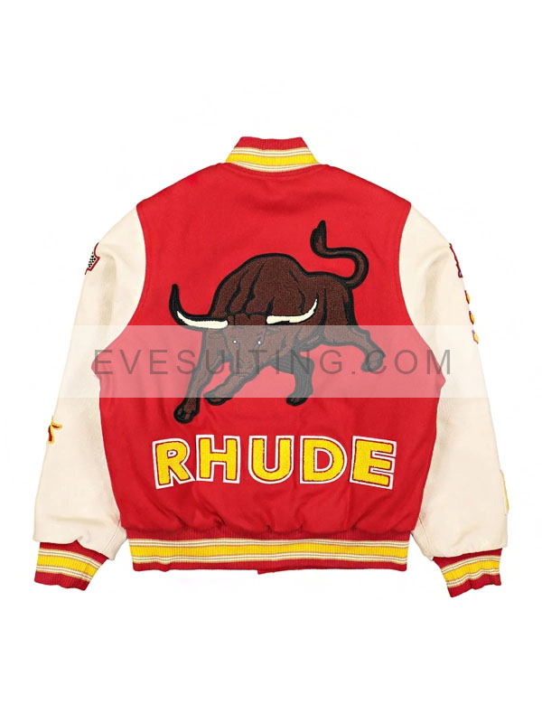 Red and White Rhude Bull Market Bomber Varsity Jacket - Recreation