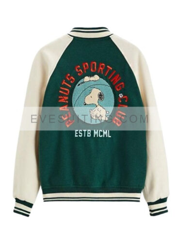 Snoopy Peanuts Patch Green And White Varsity Bomber Jacket - Recreation