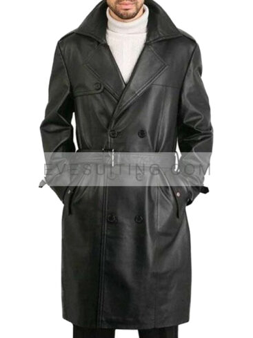 Men's Black Leather Belted Trench Coat