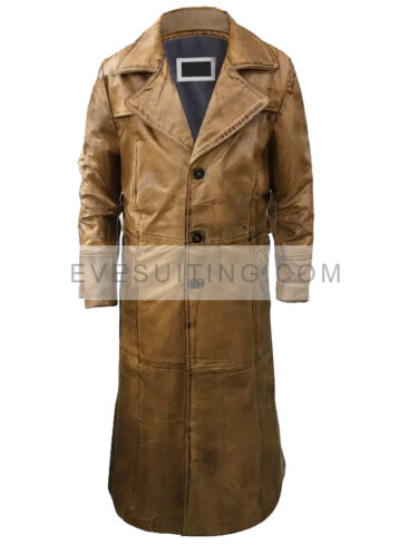 Men's Distressed Brown Leather Trench Coat