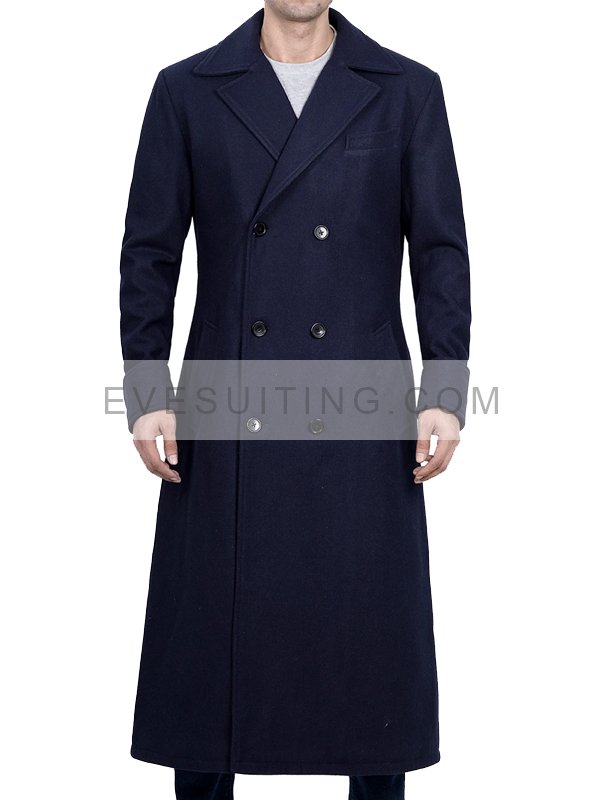 Men's Double Breasted Blue Wool Trench Coat