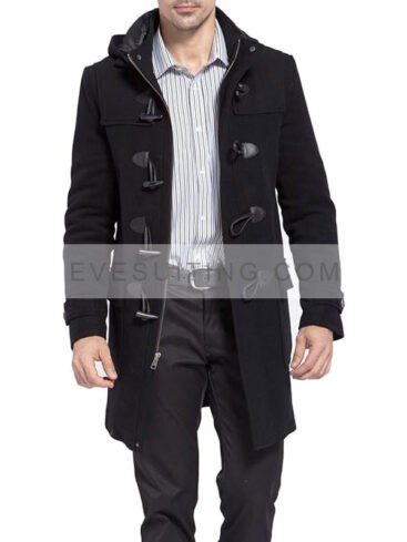 Black Wool Duffle Toggle Hooded Coat