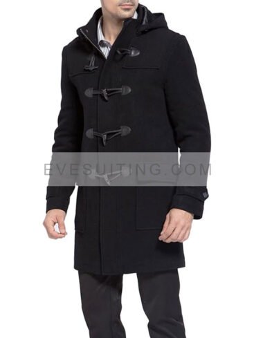 Black Wool Duffle Toggle Hooded Coat For Men's