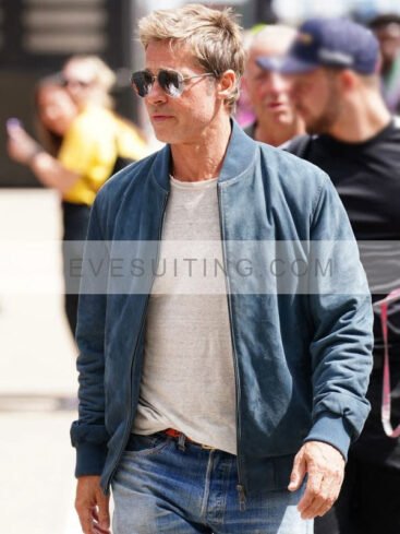 Brad Pitt F1 2025 Blue Suede Leather Bomber Jacket