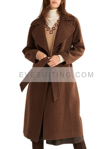 Brown Wool Double Breasted Belted Long Coat For Women's