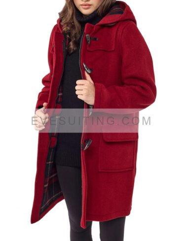 Burgundy Toggle Duffle Wool Coat For Women's