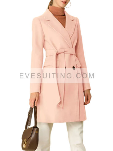 Double Breasted Belted Pink Wool Trench Coat For Women's 