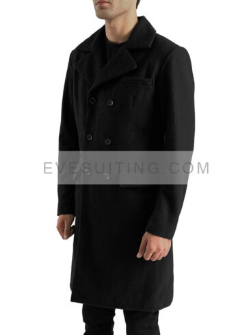 Double Breasted Black Wool Trench Coat For Men's